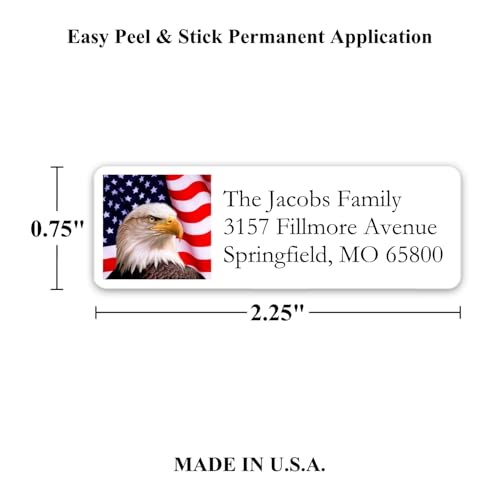 Return Address Labels American USA Flag & Eagle - Custom Mailing Return Address Labels/Stickers for Envelopes, Easy Peel and Stick, Permanent Rectangle Labels (White) Made in The USA (Set of 90)