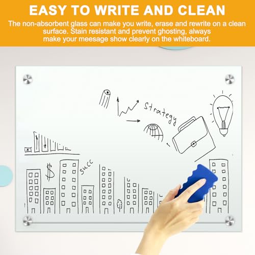 H-Qprobd Glass Whiteboard 60"x40" Magnetic Dry Erase White Board for Wall, Includes 12 Magnets, 8 Markers and 2 Erasers - size: Glass 60"x40"