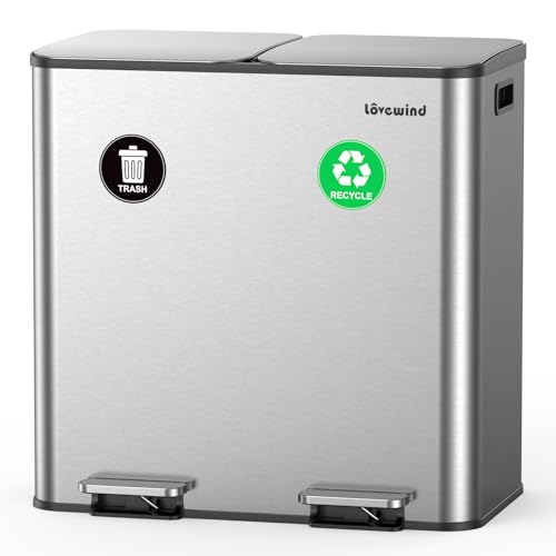 Lovewind Trash Can, 2 x 10.5 Gallon (2 x 40 L) Garbage Can for Kitchen Dual Compartment Recycling Kitchen Step Trash Bin, Stainless Steel Trash and Recycle Bin Combo with Soft-Close Lid, Silver - color: Silver