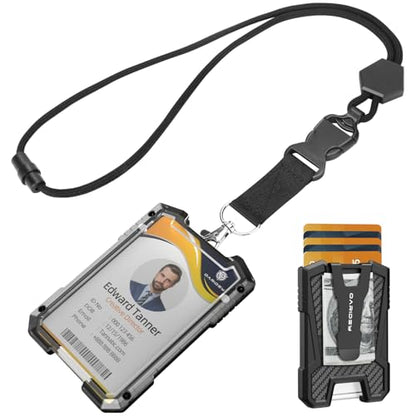 Oaridey Carbon Fiber Badge Holder with Breakaway Lanyard, Holds 5 Cards