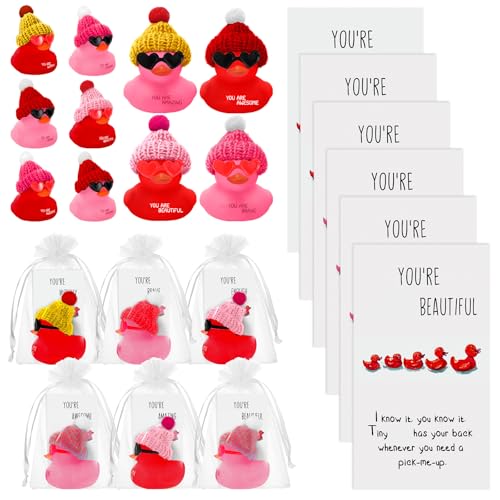 Liliful 24 Sets Pink Red Rubber Ducks with Knit Hat Sunglasses Card Bag - color: Pink Red