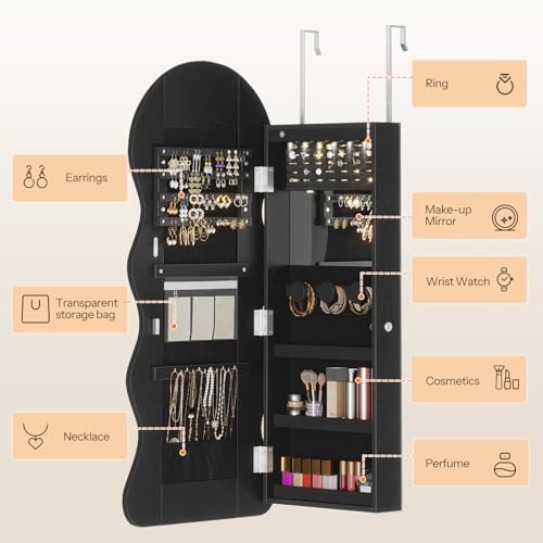 HOOBRO LED Mirror Jewelry Cabinet, Wall/Door Mounted Jewelry Organizer - color: Black