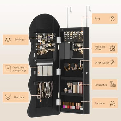 HOOBRO LED Mirror Jewelry Cabinet, Wall/Door Mounted Jewelry Organizer - color: Black
