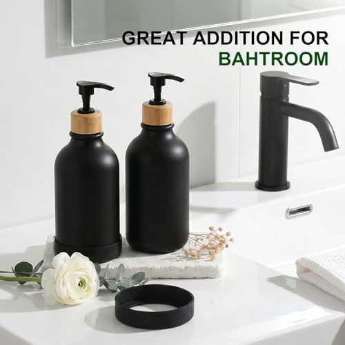 KASUNTING Hand Soap Dispenser Bathroom with Anti-Slip Silicone Boot, Black Dish Soap Dispenser for Kitchen, 2 Pack 17 Fl Oz Plastic Hand and Dish Soap Dispensers Set with Bamboo Pump - color: Black, size: 2 Bottles with Silicone Boots