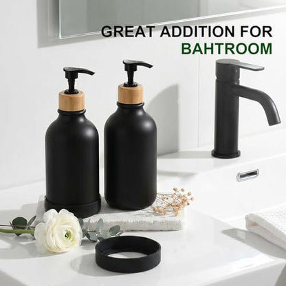 KASUNTING Hand Soap Dispenser Bathroom with Anti-Slip Silicone Boot, Black Dish Soap Dispenser for Kitchen, 2 Pack 17 Fl Oz Plastic Hand and Dish Soap Dispensers Set with Bamboo Pump - color: Black, size: 2 Bottles with Silicone Boots