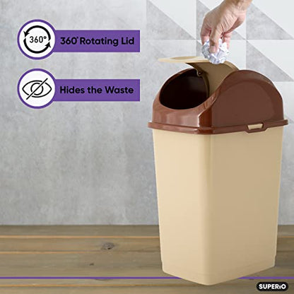 Superio Kitchen Trash Can with Swing Top Lid 9 Gallon Slim Waste Bin 37 Qt Sturdy Plastic Garbage Can Medium Recycling Bin for Office, Bathroom, Under Counter, Dorm, Bedroom (Beige/Brown-2 Pack) - size: 9 Gallon, style: 2 Pack