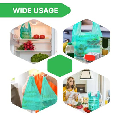 100 pcs Green T-Shirt Plastic Bags 22" x 12" Biodegradable To-Go Bags with Handles Thank You Shopping Bags Bulk for Small Business Restaurant Groceries Supermarket and Retail Use - style: 100 pcs