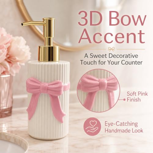 Ceramic Pink Bow Soap Dispenser, Cute Coquette Pump Dispenser, Refillable Hand Lotion Bottle, Preppy Accessories for Bathroom Kitchen Decor
