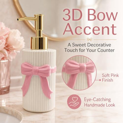 Ceramic Pink Bow Soap Dispenser, Cute Coquette Pump Dispenser, Refillable Hand Lotion Bottle, Preppy Accessories for Bathroom Kitchen Decor