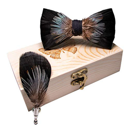 RBOCOTT Handmade Feather Pre-tied Bow tie and Brooch Sets for Men - color: Black/Brown/Turquoise