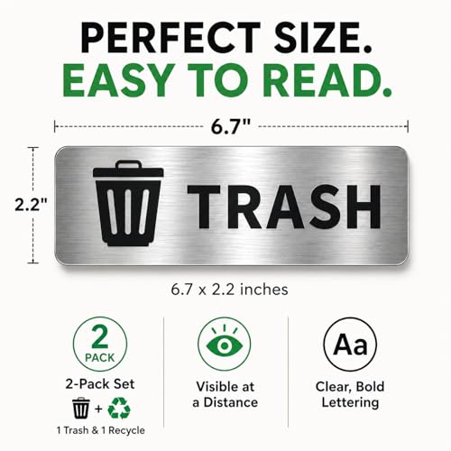 GRITKULTURE Premium Trash & Recycling Stickers for Bins – 2 Pack Metallic Look Printed Labels (Not Real Metal) – Clear Waste Sorting Decals for Kitchen, Office & Garage – Waterproof Vinyl, Easy Peel & Removable(1)