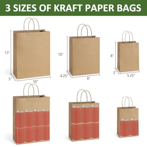 BagDream 100 Pack Kraft Paper Gift Bags with Handles Assorted Sizes Bulk