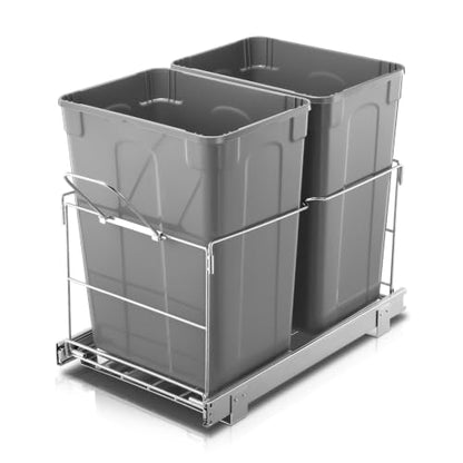 FOHERE Pull Out Trash Can Under Cabinet, 35 QT Double Under Sink Trash Can Waste Container with with Chrome Wire Bottom Mount and Handle, Heavy Duty Garbage Recycling Bin for Kitchen Cabinet, Sink