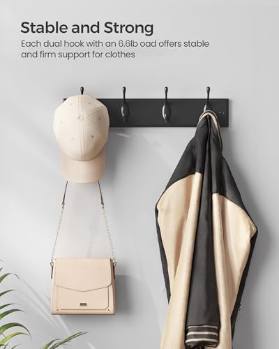 SONGMICS Wall-Mounted Coat Rack, 4 Dual Metal Hooks - color: Black, size: 1 Pack-4 Hooks, style: Without Shelf