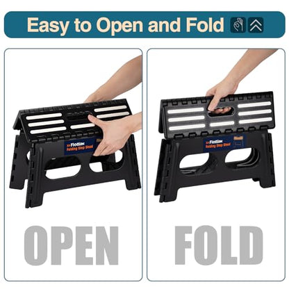 Flottian 9" Folding Step Stool for Adults and Kids 15-Inch Extra Wide Stool Holds Up to 300 lbs,Non-Slip Folding Stools with Handle,Compact Plastic Foldable Step Stool for Bathroom,Kitchen,ect,Black - size: 9 Inch