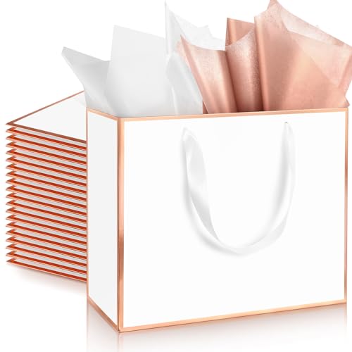 ReliThick 12 Pack Paper Gift Bag with Handles & Tissue, Rose Gold, White - color: Rose Gold, White
