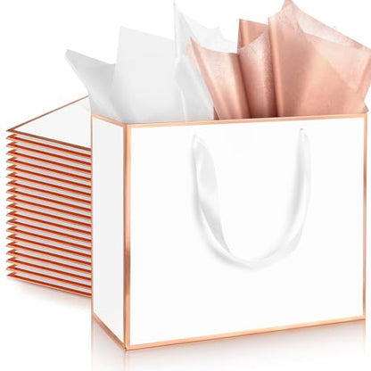 ReliThick 12 Pack Paper Gift Bag with Handles & Tissue, Rose Gold, White - color: Rose Gold, White