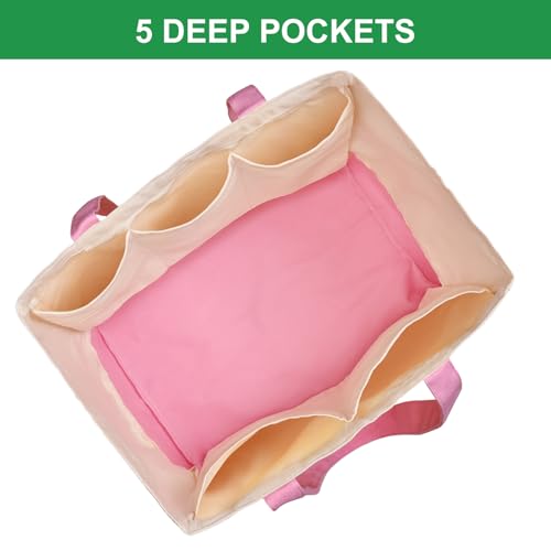 1-Pack Heavy Duty Canvas Reusable Grocery Bags, 8.3 Gal Foldable Large Tote with Handles, Washable Eco-friendly Bags with 5 Pockets, (Pink/Beige) - color: [A1] Off White / Pink/B, size: 1 Pack