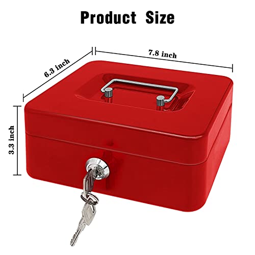 Steel Cash Box with Key Lock, Metal Small Money Organizer with Money Tray,Cash Storage Box with Lockable Cover (Red - 8 inch) - color: Red - 8 inch