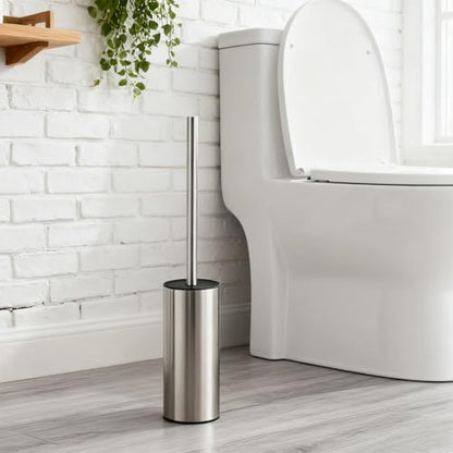 Toilet Brush and Holder Set, NEWRAIN Stainless Steel Toilet Brush with Long Brush Handle, Brushed Nickel Toilet Scrubber and Covered Holder, Round Design Sturdy and Space Saving, Covered Brush - color: Brushed Nickel