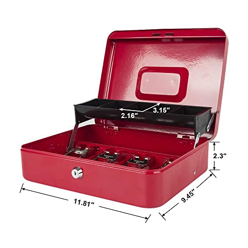 KYODOLED Locking Cash Box with Lock,Money Box with Cash Tray,Lock Safe Box with Key,Money Saving Organizer,11.81Lx 9.45Wx 3.54H Inches,Red XL Large - color: Red