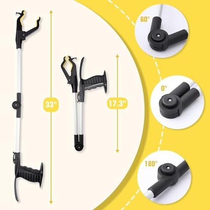 32" Grabber Reacher Tool, 2-Pack Foldable Reacher Grabber Pickup Tool with Shoe Horn Design, Trash Picker Upper Grabber with 360° Rotating Jaw & Magnet, Bend-Free Grabbers for Seniors