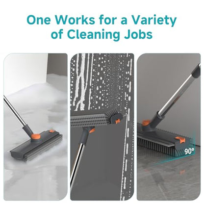 Floor Scrub Brush with Long Handle Length Adjustable, 3 in 1 Heavy-Duty Stiff 90° Bristle Floor Scrubber Broom with Squeegee, Cleaning Brush for Bathroom, Garage, Kitchen, Tile, Deck & Patio (Gray) - color: Gray