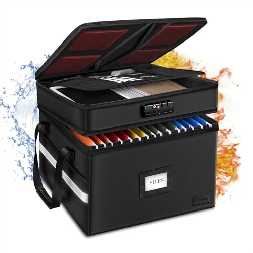 Fireproof File Oganizer with Lock, 2 Layer Fireproof Document Storage Box - color: Black, size: 42L