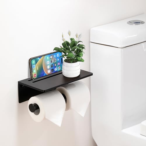 Toilet Paper Holder with Phone Shelf - Aluminum Double Roll Tissue Holder - color: Black-2 Roll