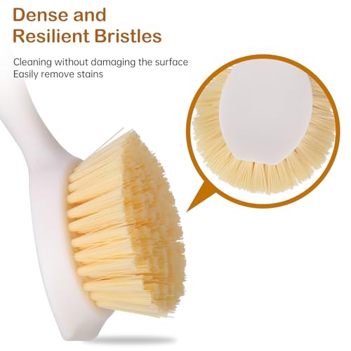 3 Pack Dish Brush Set with Bamboo Handle, Dish Scrubber Built-in Scraper, Kitchen Scrub Brush for Cleaning Cast Iron Cookware, Pans, Pots, Counter & Kitchen Sink (White)
