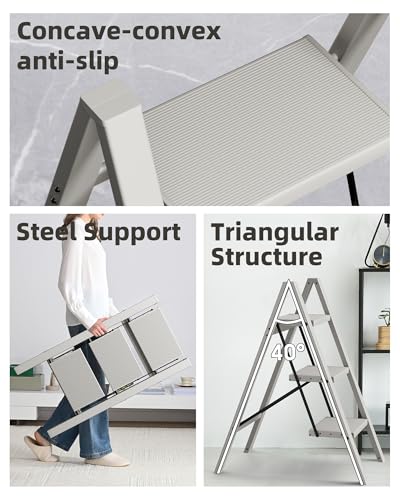 HillhutApex 3 Step Stool Foldable Ladder,Aluminum Step Ladder - color: Gray