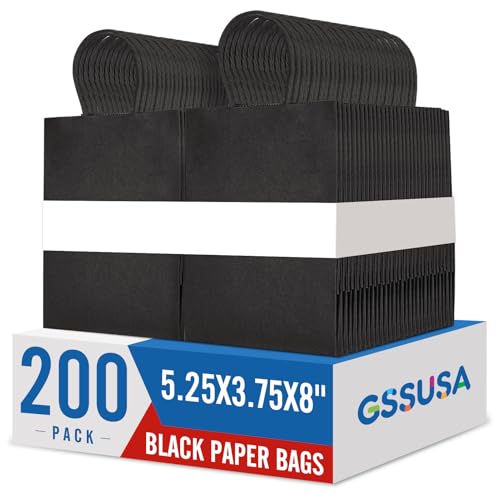 GSSUSA Small Black Paper Gift Bags with Handles, 5.25x3.75x8, 200 Pack Bulk - color: Black, size: 5.25x3.75x8 Inch (Pack of 200)
