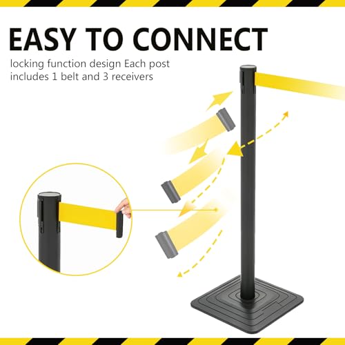 4 Pack Crowd Control Stanchions with 10FT Retractable Yellow Belt - color: Yellow Belt