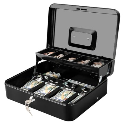 Jssmst Cash Box with Key Lock - 1mm Thick Metal Money Box for Garage Sales, Yard Sales and Petty Cash, Portable Cash Drawer with Coin Tray & Spill-Proof Foam Coin Cover, 4 No-Pinch Bill Clips,11.8'' - color: Black Key