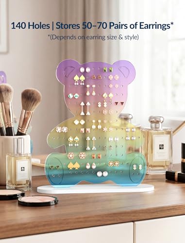 NiHome Earring Holder Organizer 140 Holes Acrylic Bear Jewelry Stand - color: Rainbow Gradient