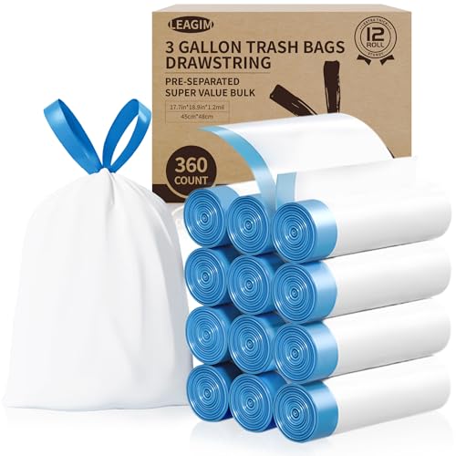 Small Trash Bags 3 Gallon, 360 Count -1.2 Mil Drawstring Mini Garbage Bags, White Plastic Trash Can Liners for Bathroom Accessories, 12 Liter, Bedroom, Dorm Room Essentials, Office - color: 3gal-360