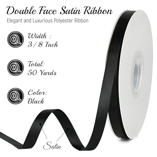 MAYREEL Black Satin Ribbon 3/8 Inch Double Faced 50 Yards Thin - color: Black, size: 3/8 Inch