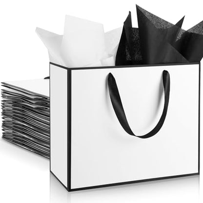 ReliThick 12 Pack Paper Gift Bag with Handles & Tissue, White, Black - color: White, Black