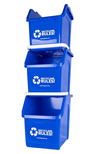 Recycling Rules! 6 Gallon Stackable Recycling Bin Container in Blue, Eco-Friendly Handy Recycle Bin with Easy-to-Carry Handle, 3-Pack - size: 3-pack