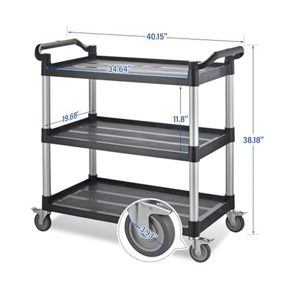 Utility Rolling Carts with Wheels, Large Plastic Service Carts, Heavy Duty Restaurant Cart with 4 Brake Lockable Wheels for Kitchen/Office/Warehouse (3 Tier-40.1×19.7×38.1inches/540lbs) - size: 3 Tier - 40.1×19.7×38.1inches / 540lbs