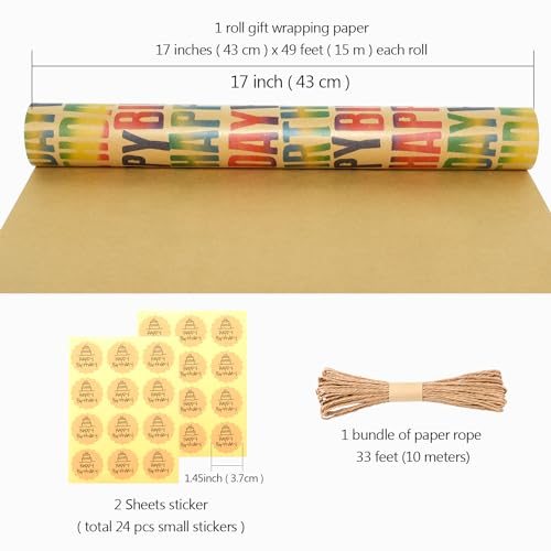 MAMUNU Birthday Wrapping Paper Roll, Colorful Happy Birthday Kraft Gift Wrapping Paper Jumbo Roll, Gift Wrap Paper Set for Boys Girls Men Women, 17 x 590 Inch - color: Colorful