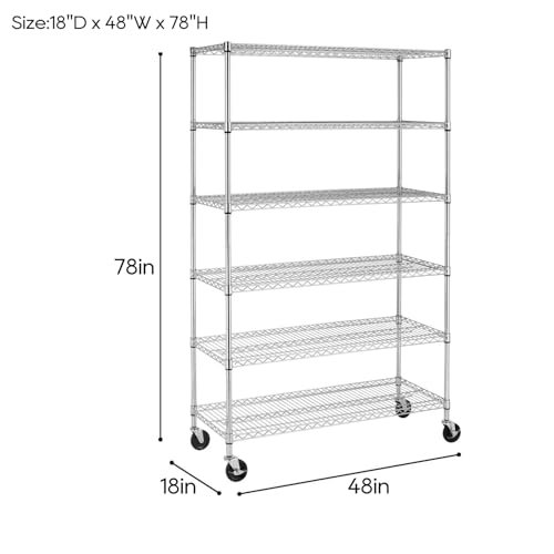 BestOffice | 6-Tier Wire Shelf with Wheels | 18" x 48" x 78" | Chrome - color: Chrome, size: 18"D x 48"W x 77"H