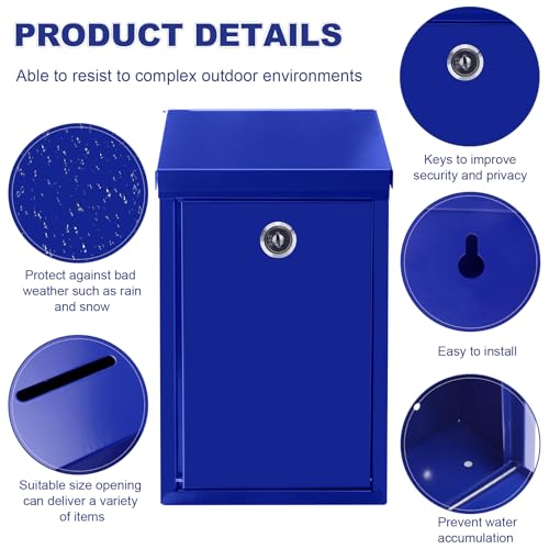 Metal Money Box with Lock Donation Cash Box Collection Safe Suggestion Box Wall Mounted Mailbox for Home Office, Outdoor, Farmstand - color: Blue