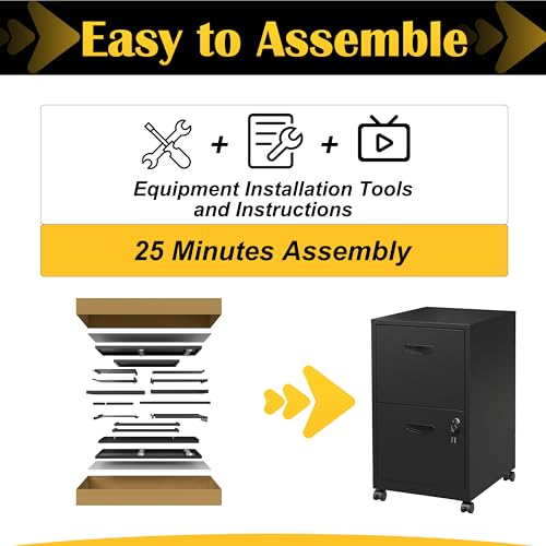 SteeLoong 2 Drawer File Cabinet,Metal Mobile File Cabinet with Lock Black - color: Black, style: 2 Drawer on Wheels