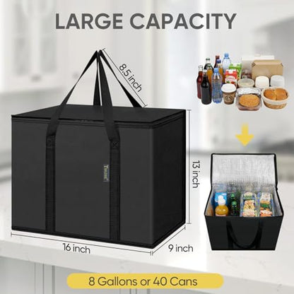 BALEINE Insulated Reusable Grocery Bags with Zippered Top, Large Cooler Bag - color: Charcoal Black, size: 2 Pack