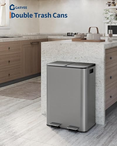 Garvee 2x8 Gal Dual Kitchen Trash Can Fingerprint-Proof Stainless Steel 2 Removable Inner Buckets Step Pedal Soft-Close Lid 60 L Double Compartment Garbage Can Recycling Bin Modern Kitchens Matte Grey - color: Matte Gray, size: 2 x 8 Gallon