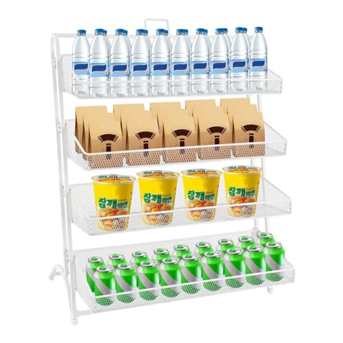 4 Tiers Retail Candy Display Rack, Snack Display Stand Metal Snack Organizer with Baskets, Snack Shelf For Countertop Wire Snack Spice Holder for Kitchen Supermarket (White)