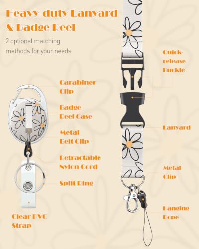 Uniclife Floral Sliding Badge Holder White Flower Plastic Case with Retractable Badge Reel Carabiner Clip & Detachable Lanyard Strap Fashionable Vertical Card Protector for Women Nurse Teacher Student - color: Beige Base Daisy