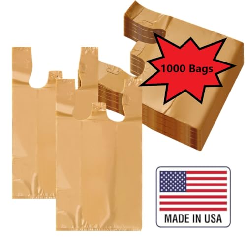 ROYALNA Plastic T shirt Grocery shopping bags (12" x 6.5" x 21") Reusable and Disposable for Restaurants, Convenience Stores, Food, Supermarket (Plain Beige, 1000)