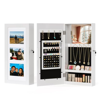 Bonnlo Wall-Mounted Jewelry Cabinet with 3-in-1 Photo Frame & Mirror, White - color: White, size: 3.55"D x 11.8"W x 23.6"H